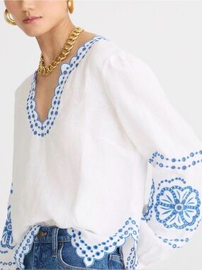 J. Crew Bungalow embroidered linen blouse, size M